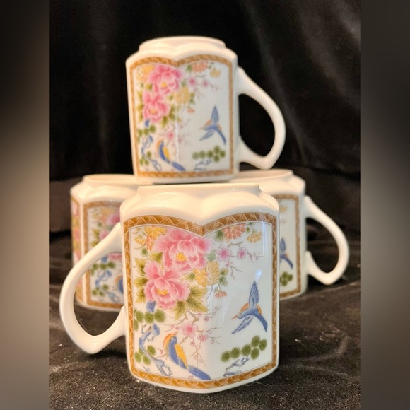 Homco Japan 4 Mugs Cups Hexagon Gilded Peonies Bluebirds Bridgerton China Gift - Picture 1 of 17